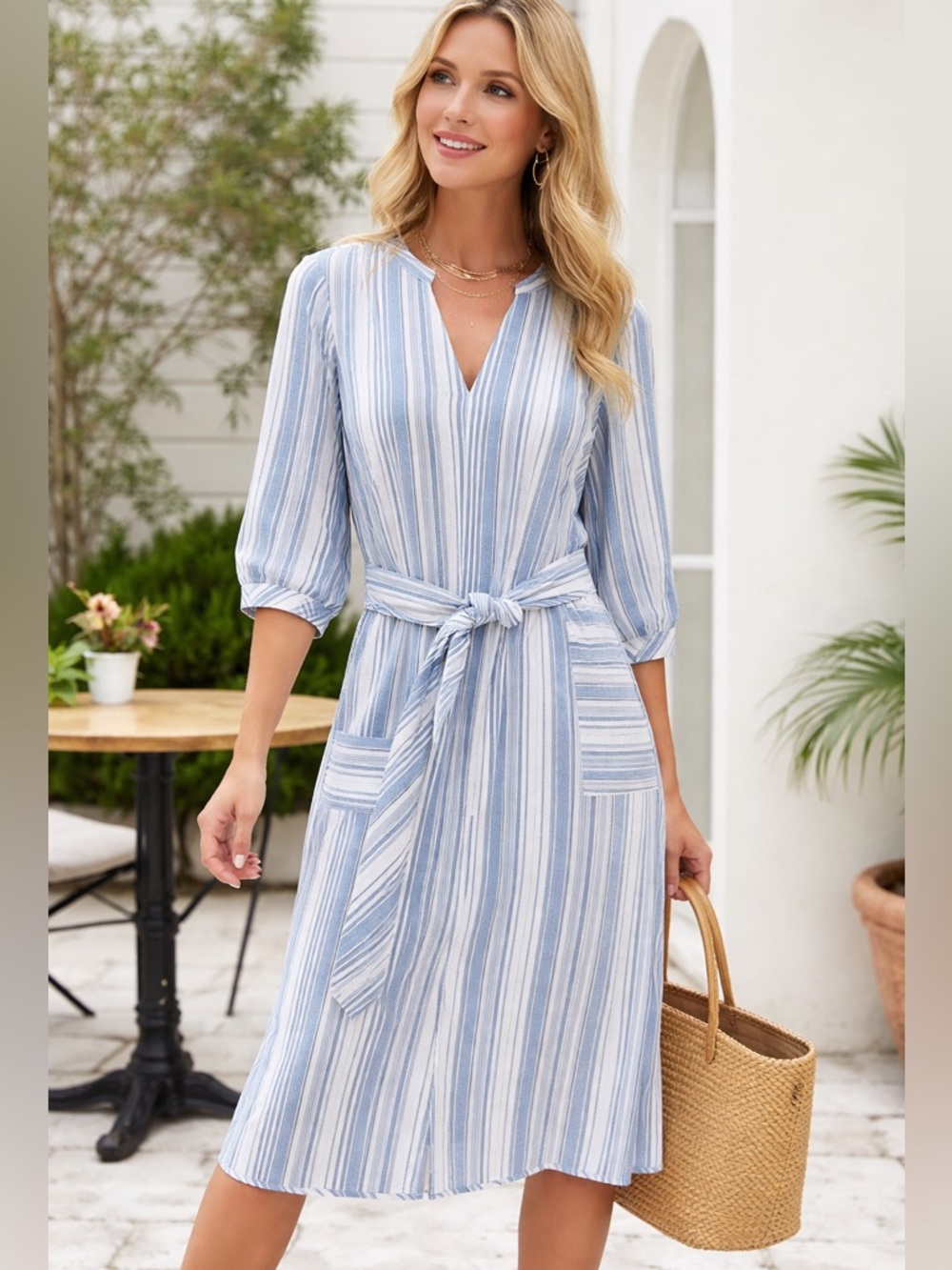 W by Worth Blue & White Striped Linen Midi Dress | Tie Waist | NWT | Size S/M